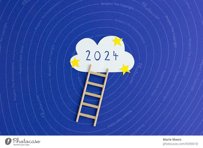 Ziele, Wünsche, Träume für das neue Jahr 2024 Pläne Jahreswechsel Träumen Wolken Neujahr Zukunft Vorsätze Leiter Sterne Karriere Zahl Grafik u. Illustration