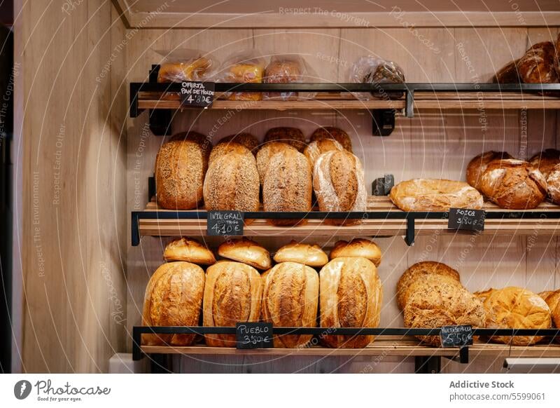 Gestell mit einer großen Anzahl von Broten Brotlaib Zerealien Bäckerei Markt frisch Lebensmittel Weizen Mehl lecker Ablage Formen Varieté gebacken Frühstück