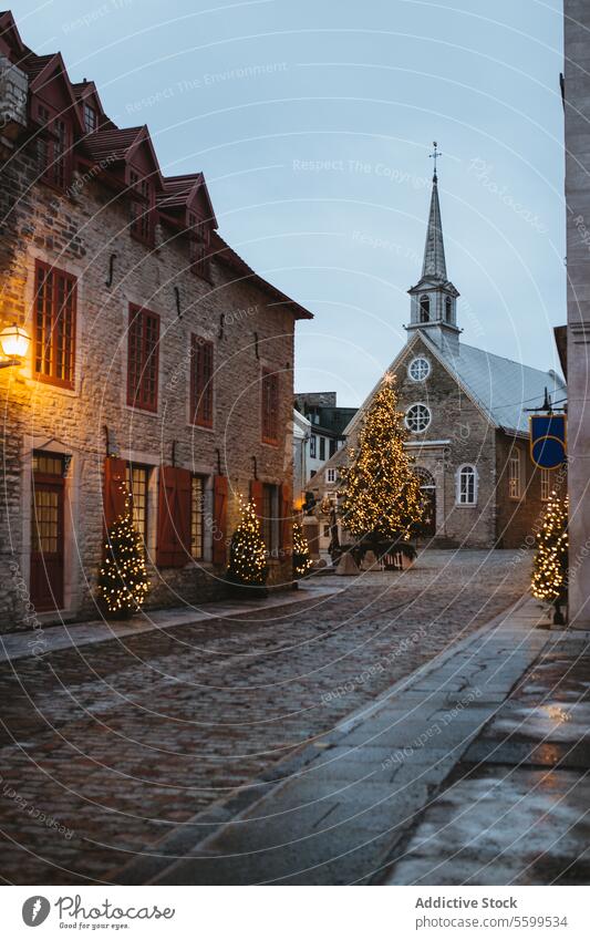 Bezaubernde Abendansicht einer festlichen Straße in Quebec Weihnachtsmarkt Weihnachten Lichter Kopfsteinpflaster Baum Abenddämmerung historisch Gebäude