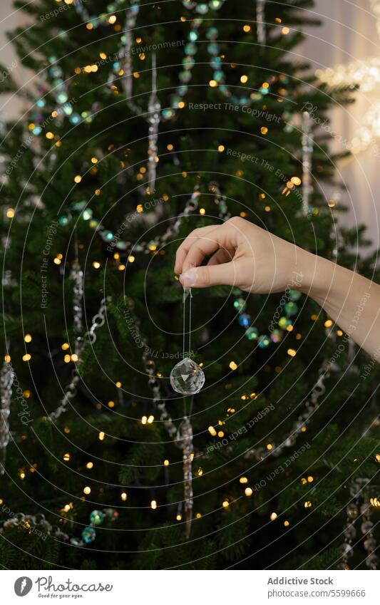 Hand schmücken Weihnachtsbaum mit festlichen Ornament Weihnachten Dekoration & Verzierung Baum Feiertag hängen Tradition Kugel funkeln Licht Dezember Winter