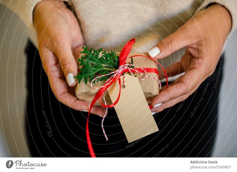 Eine unerkennbare Frau hält ein Weihnachtsgeschenk in der Hand horizontal Bändchen Person Papier dekorierend im Innenbereich Glück Schleife heimwärts