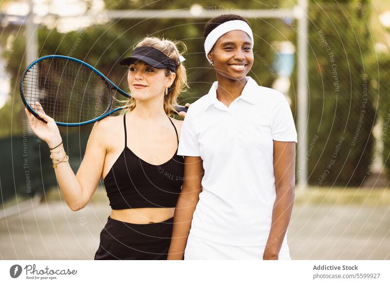 Porträt von zwei jungen Frauen auf einem Tennisplatz aktiver Lebensstil Aktivität Amateur Athlet Ball schön schöne Frauen heiter Konkurrenz Gericht Vielfalt