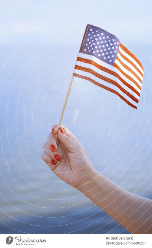 Wehen der US-Flagge Hand Fahne USA uns amerika Amerikaner Independence Day Wahl Abstimmung Feiertag Veranstaltung Beteiligung Arme Frau Körperteil Glied