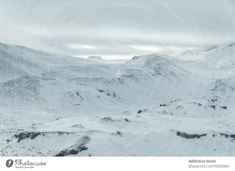 Luftaufnahme der verschneiten Berglandschaft unter bewölktem Himmel Berge u. Gebirge Fläche mit Schnee bedeckt Plateau subtil Sonnenlicht gedämpft Landschaft