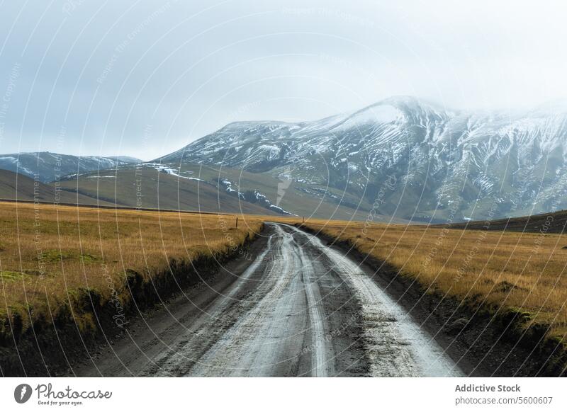 Gelassenes isländisches Hochland mit schneebedeckten Bergen Island Highlands Berge u. Gebirge Schnee Straße Kies Feld Landschaft Natur reisen Gelassenheit