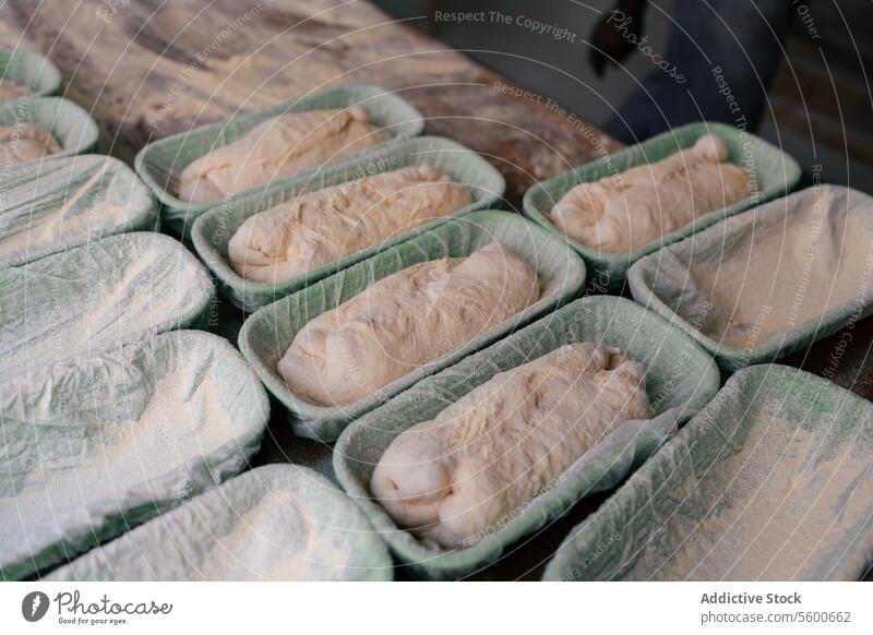 Porträt von mehreren Brotteigen auf einer Form Bäckerei Teigwaren Weizen Ofen Schimmelpilze Mehl heiß Fabrik Inszenierung Lebensmittel frisch backen