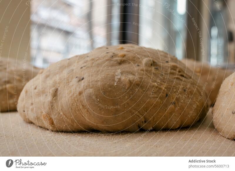 Laibförmiger Brotteig auf dem Tisch Brotlaib Bäckerei Weizen Ofen heiß Teigwaren Fabrik Inszenierung Lebensmittel frisch backen geschmackvoll Industrie