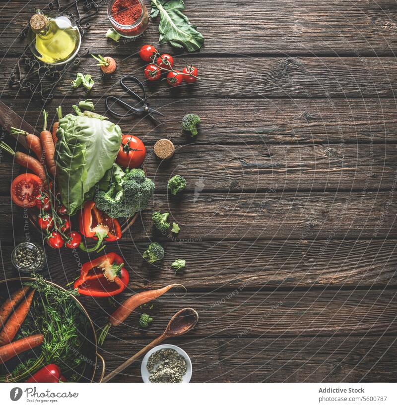 Lebensmittel Hintergrund mit Bio-Gemüse, gesunde Zutaten und Küchenutensilien auf dunklen rustikalen Holztisch. Ansicht von oben. Platz zum Kopieren.