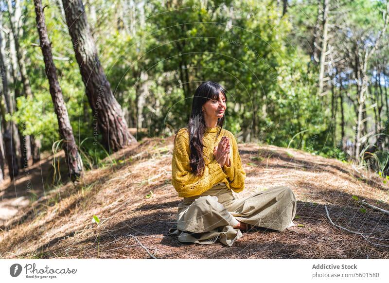 Frau mit gefalteten Händen meditiert im Wald menschliche Hand Asana Gleichgewicht atmen Atmung Windstille Ruhe umklammernd Augen geschlossen Hände gefaltet