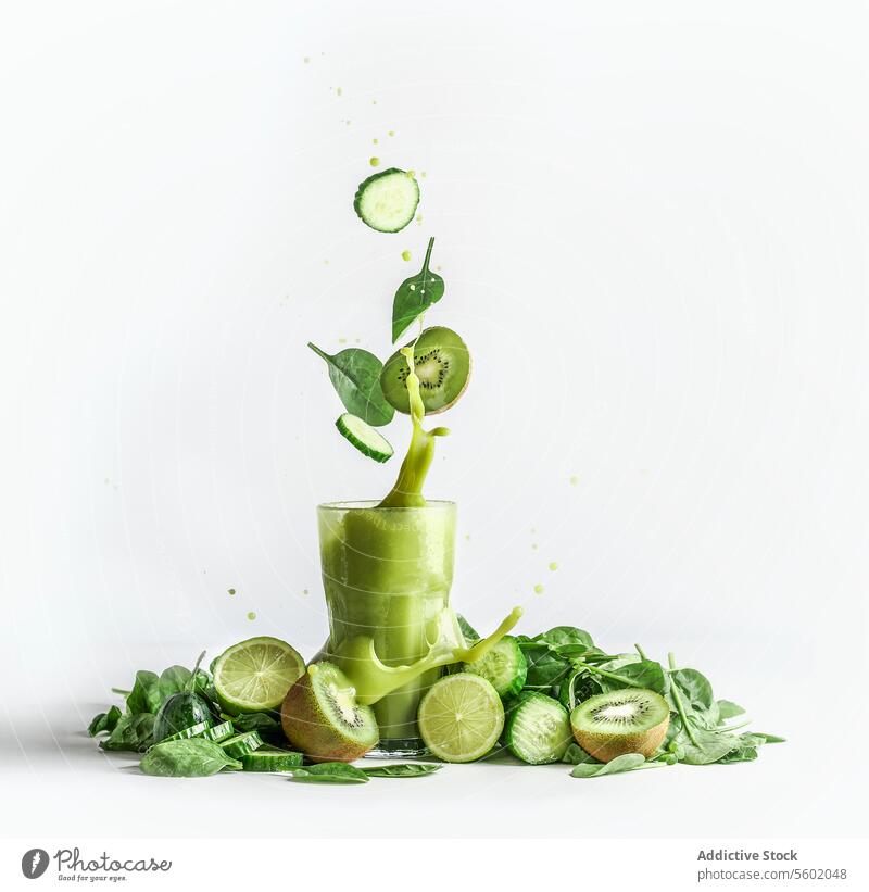 Spritzen von grünen Smoothie in Glas mit und fliegenden Zutaten: Gurke, Kiwi und Spinat Blätter auf weißem Hintergrund mit Haufen von grünem Obst und Gemüse. Gesundes erfrischendes Getränk