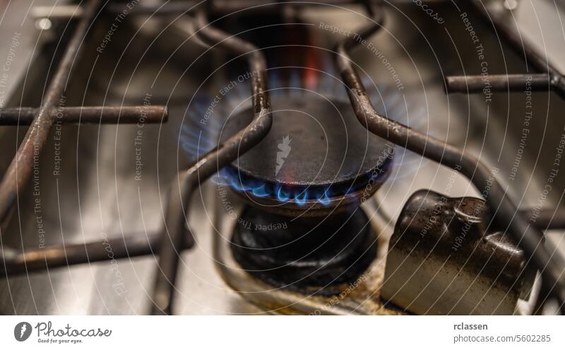 Nahaufnahme von blauem Feuer Flammen aus einer professionellen Küche Herd oben. Gasherd mit brennenden Flammen von Propangas. Industrial Luxury Hotel Kochen Ressourcen und Wirtschaft Konzept Bild.