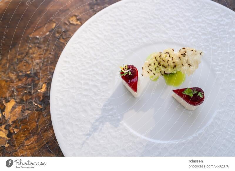 Elegante kulinarische Präsentation einer luxuriösen Vorspeise auf einem weißen Teller im Restaurant. Lebensmittel Fotografie Konzept Bild Abendessen Hotel Chip