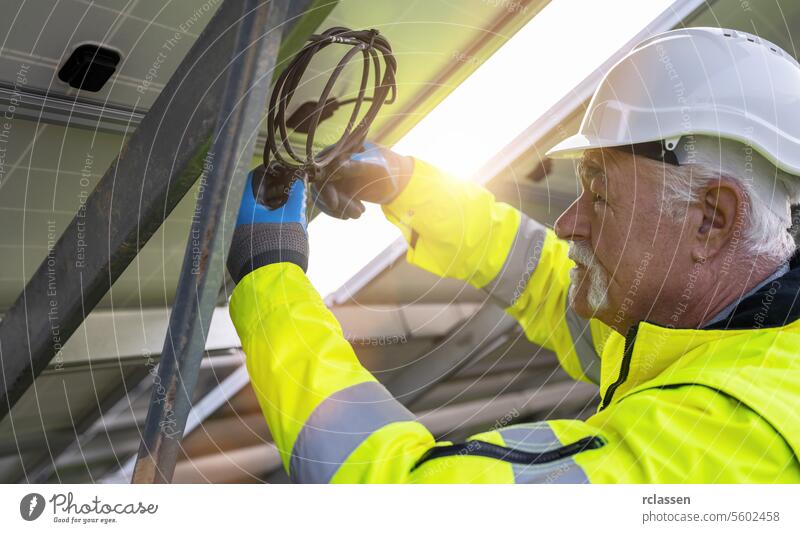 Ingenieur, der die Kabel hinter den Sonnenkollektoren in einem Solarpark verwaltet. Alternative Energie ökologisches Konzept Bild. Technik & Technologie Pflanze