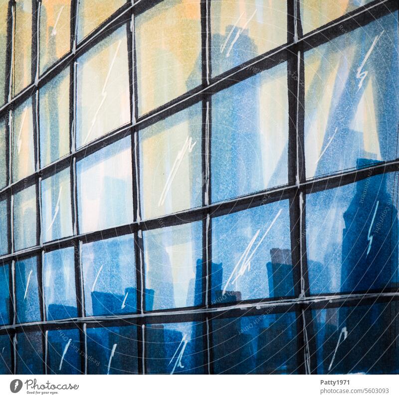 Abstrakte Architektur Skizze. Reflektierende Glasfassade eines Bürogebäudes aus der Froschperspektive. Gebäude Fassade Grafik u. Illustration Zeichnung modern