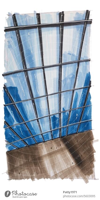 Abstrakte Architektur Skizze. Reflektierende Glasfassade eines Bürogebäudes aus der Vogelperspektive. Gebäude Zeichnung Grafik u. Illustration urban