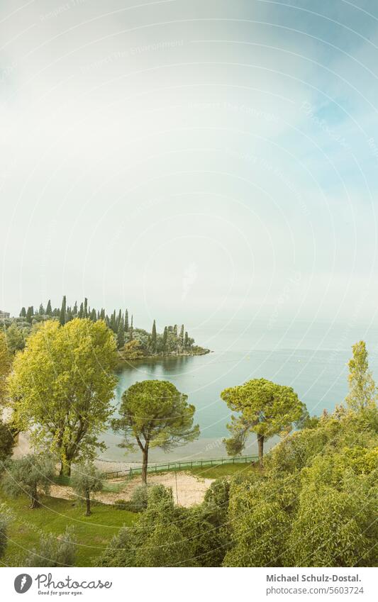 Blick auf eine malerische Bucht des Gardasees Lago garda italien lombardei wasser hafen seascape port pittoresk seeblick pastel bucht bäume pflanzen nebel dunst