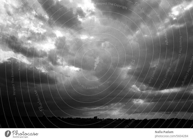 Düsterer Himmel analog Analogfoto sw schwarzweiß Schwarzweißfoto Landschaft bewölkt Licht Horizont düster dunkel Natur Wolke Außenaufnahme Mecklenburg