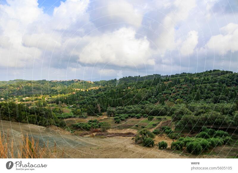 Blick über bewaldete Hügel und Olivenbäume bei Sidari auf der Insel Korfu bei bewölktem Himmel Strände Byzantinische Kirchen Korfu-Stadt Kristallklares Wasser