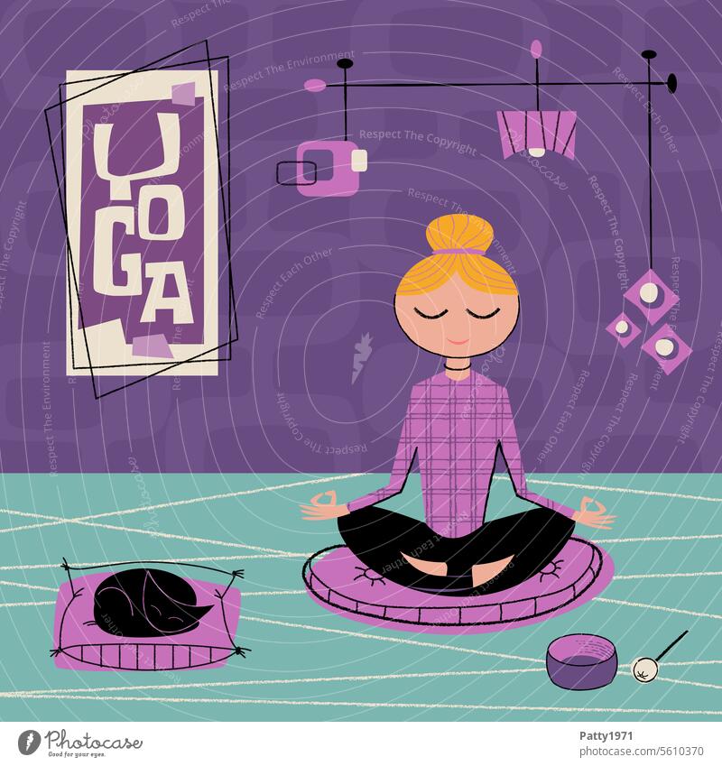 Junge Frau mit Katze meditiert im Lotussitz. Retro Illustration im Stil der 50er, 60er Jahre Meditation Yoga Wellness retro Mid Century Lifestyle Gesundheit