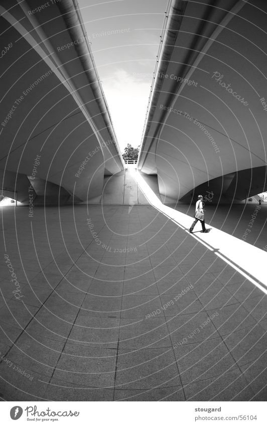 Man in the light under a bridge Licht Design Singapore man walk architect architecture graphic construction shadow