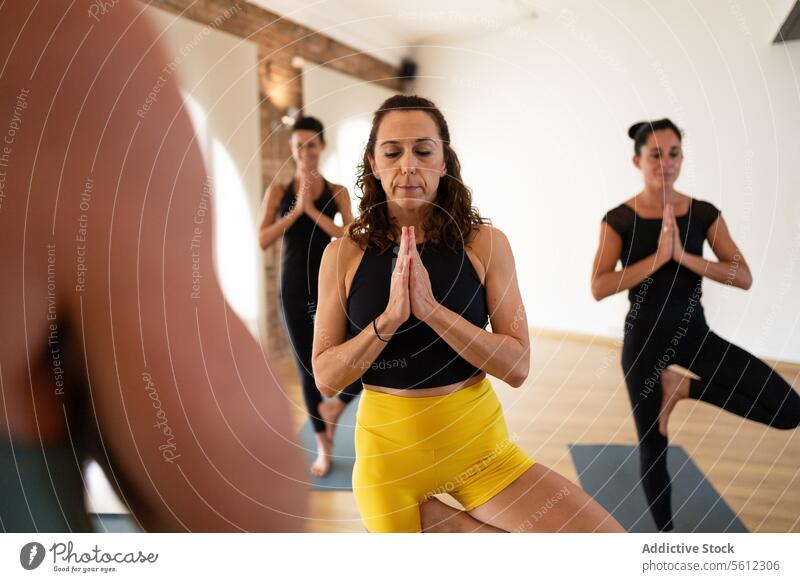 Yoga-Gruppenpraxis in einem hellen Studio Frau Menschengruppe Sitzung Gleichgewicht Atelier üben Übung Fitness Gesundheit Wohlgefühl Konzentration Körperhaltung