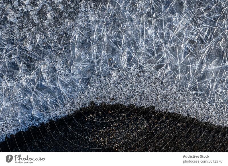 Verschlungene Eismuster auf gefrorenem Hintergrund Kristalle Muster Textur natürlich kalt Winter Detailaufnahme Nahaufnahme Frost abstrakt blau eisig Oberfläche