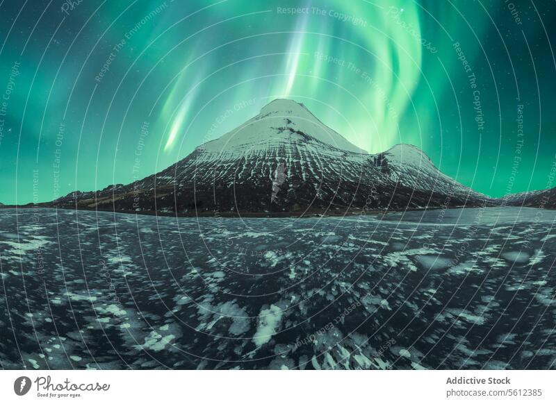 Bezaubernde Nordlichter über schneebedeckten isländischen Gipfeln Island Berge u. Gebirge Schnee Landschaft Natur Winter Himmel Nacht grün Licht Erscheinung