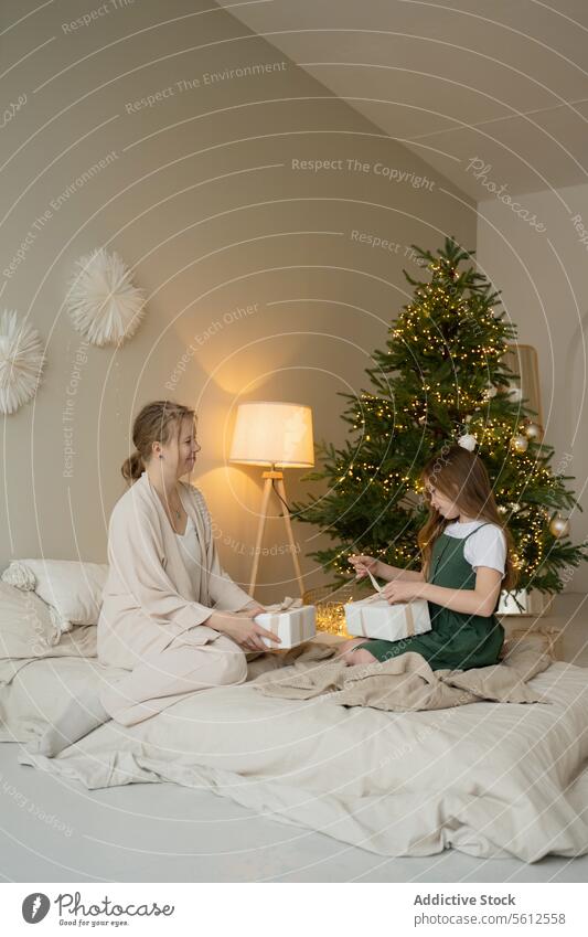 Gemütlicher Austausch von Weihnachtsgeschenken zu Hause Mutter Tochter Weihnachten Geschenk Wechseln heimwärts gemütlich Feiertag Baum festlich präsentieren