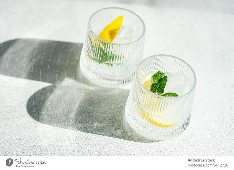 Erfrischende Gin-Tonic-Getränke mit Zitronenbeilage Minze Eis Glas trinken Cocktail Erfrischung Alkohol Mixologie Zitrusfrüchte Kraut Sommer Sonnenlicht