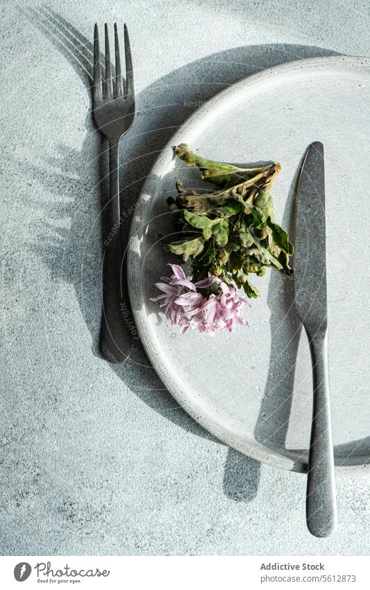 Teller mit rosa Blume und Besteck auf grauem Hintergrund Gabel Messer Lebensmittel Reste weiß texturiert Oberfläche von oben nach unten Ansicht Salatbeilage