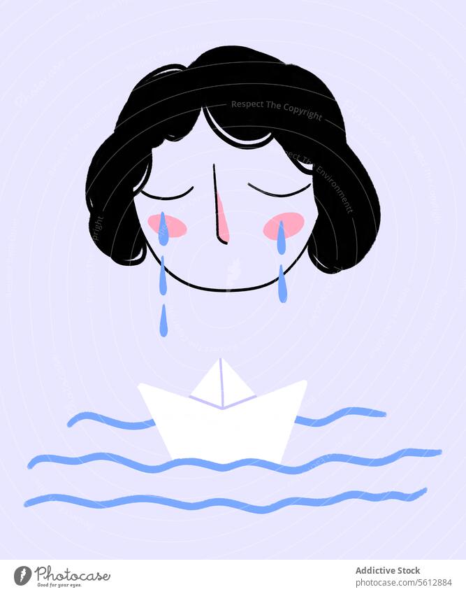 Depressive Frau weint, während das Boot im Meer treibt Grafik u. Illustration deprimiert Weinen Papier fliegend Stimmung winken traurig Traurigkeit MEER Träne