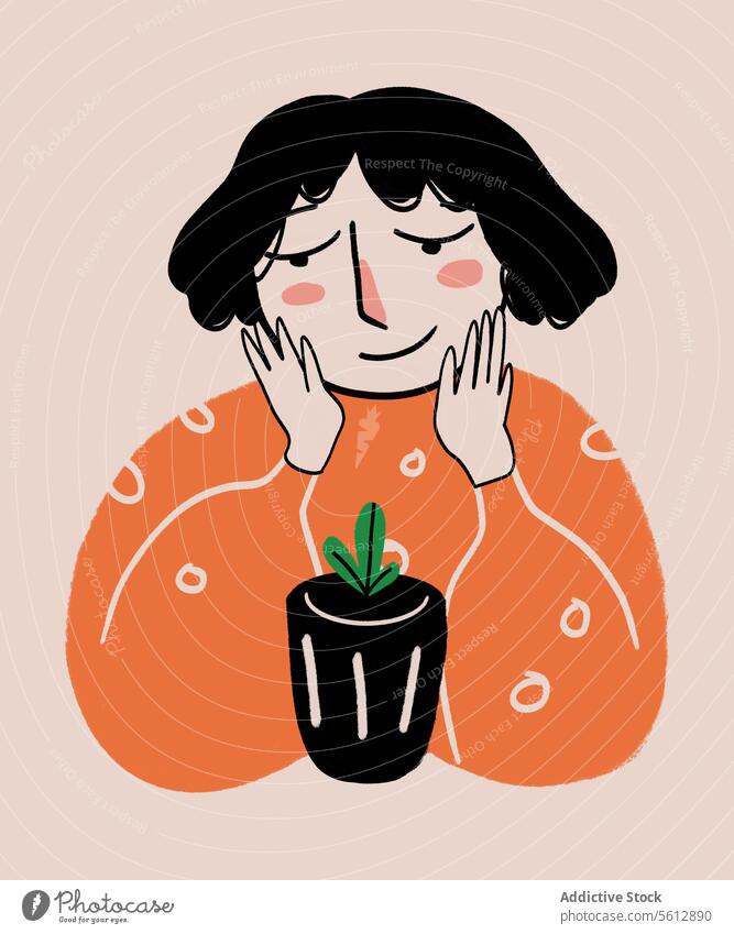 Glückliche Frau, die eine Topfpflanze vor einem beigen Hintergrund betrachtet Grafik u. Illustration bewundernd eingetopft Pflanze Kopf Hand Lächeln Wachstum