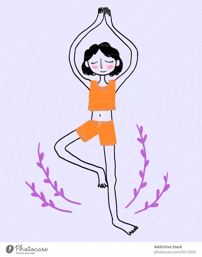 Frau mit geschlossenen Augen übt Baumhaltung zugeklappt praktizieren vereinzelt Grafik u. Illustration Blume Lifestyle Yoga Vektor Fitness Gesundheit Sport