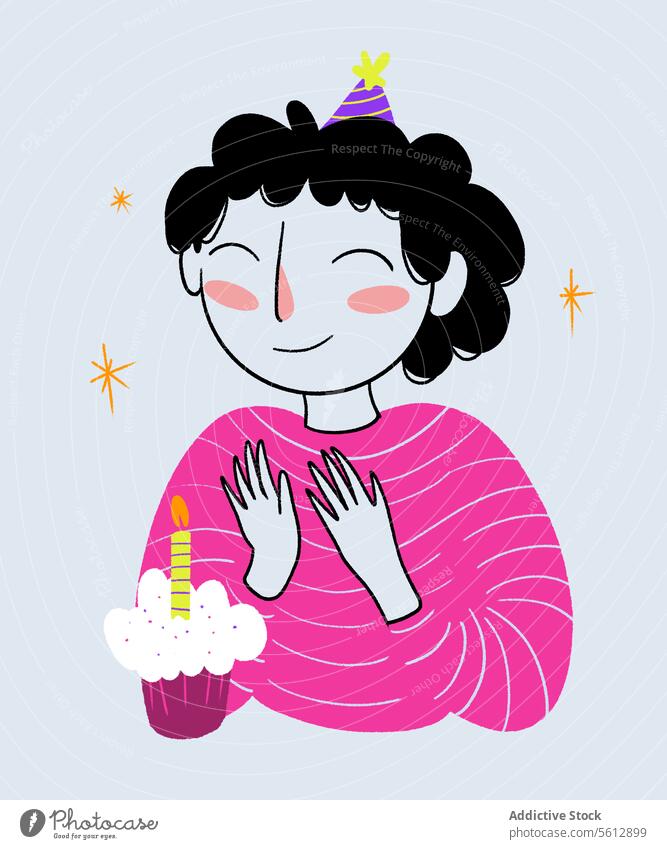 Glückliche Frau, die applaudiert und ihren Geburtstag feiert Beifall spendend Cupcake zu feiern Lebensereignis Lebensmittel Grafik u. Illustration Freude Party