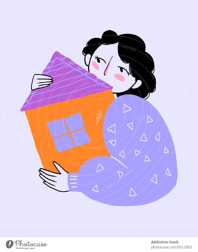Frau trägt buntes Haus gegen weißen Hintergrund tragen farbenfroh Hand Grafik u. Illustration süß heimwärts träumen vereinzelt Welt Gebäude Vektor Design