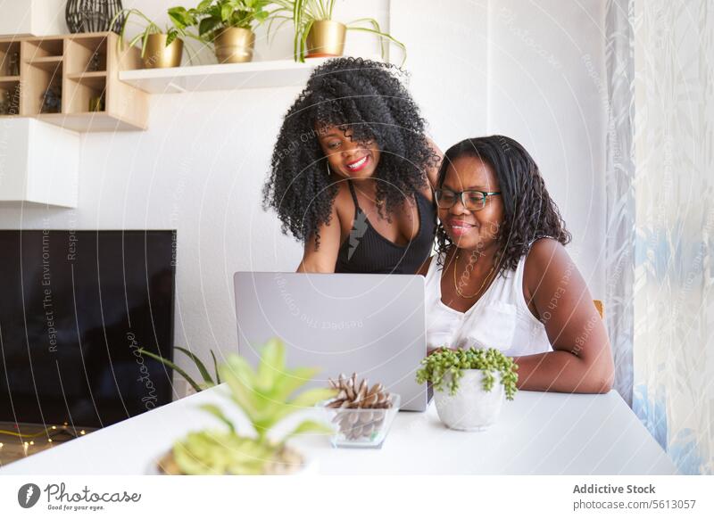 Lächelnde Frau mit Mutter bei der Benutzung eines Gadgets Frauen Tochter Glück Laptop Tisch Afro-Look Lifestyle Zusammensein Sitzen Pflanze heimwärts Apparatur