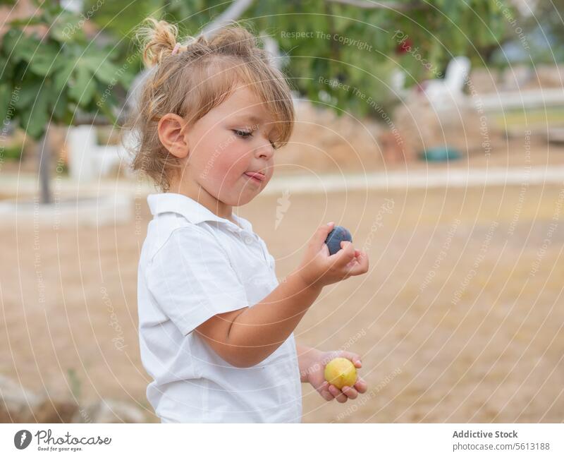 Seitenansicht eines kleinen Jungen, der Früchte hält und untersucht, während er auf einem unscharfen Platz im Freien steht Untersuchen Frucht Stehen Beteiligung