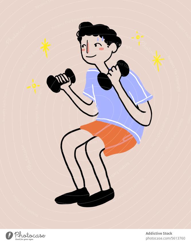 Glücklicher Cartoon-Mann hebt Hanteln Karikatur Grafik u. Illustration heben Kurzhantel Fitness Training Kniebeuge Schweiß Lächeln männlich jung gewelltes Haar