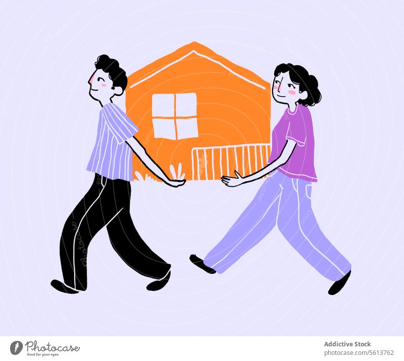 Cartoon Mann und Frau tragen Haus Paar Karikatur Grafik u. Illustration führen sich[Akk] bewegen Grundbesitz Anwesen verlegen Gebäude jung gewelltes Haar