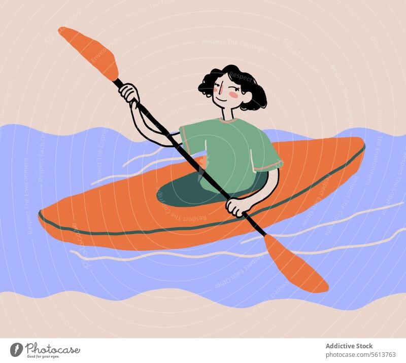 Cartoon Frau in Kanu auf Fluss Karikatur Grafik u. Illustration aktiv Sport Freizeit Paddel Hobby Lächeln jung krause Haare gewelltes Haar Schwarzes Haar Wasser