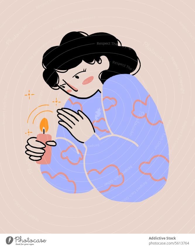 Cartoon Frau mit brennender Kerze Karikatur Grafik u. Illustration Brandwunde Phantasie Vorstellungskraft sinnlich Nacht Flamme jung gewelltes Haar krause Haare