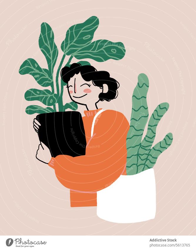 Cartoon-Frau, die eine Topfpflanze umarmt Karikatur Grafik u. Illustration sinnlich Umarmung eingetopft Pflanze führen Kaktus Einkaufstasche Käufer Lächeln