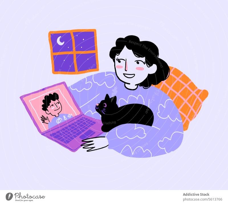 Cartoon Frau mit Katze mit Videoanruf Karikatur Grafik u. Illustration benutzend Laptop Video-Chat Nacht Schlafzimmer Lächeln Glück jung gewelltes Haar