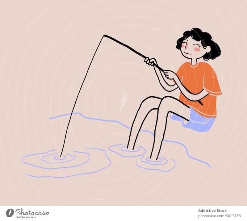 Cartoon-Frau beim Fischfang im See Karikatur Grafik u. Illustration Fischer Fischen Hobby fangen Stab Wasser Erholung Lächeln froh positiv Glück jung