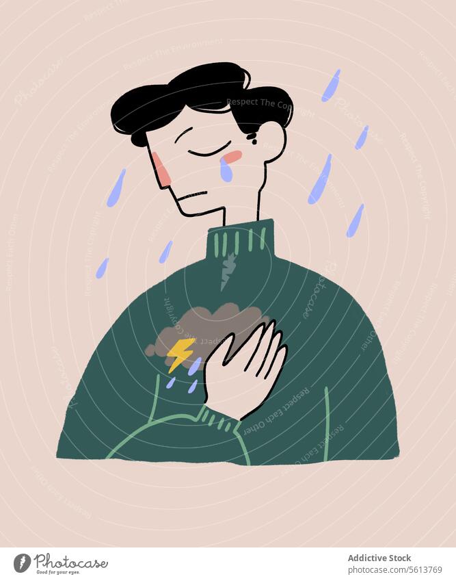 Cartoon Mann weint und berührt die Brust Karikatur Grafik u. Illustration Trauer Brust berühren Verzweiflung Regen weinen traurig drücken männlich jung