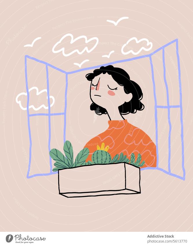 Cartoon-Frau atmet frische Luft durch ein offenes Fenster Karikatur Grafik u. Illustration atmen Frischluft Blumenkasten eingetopft Pflanze jung gewelltes Haar