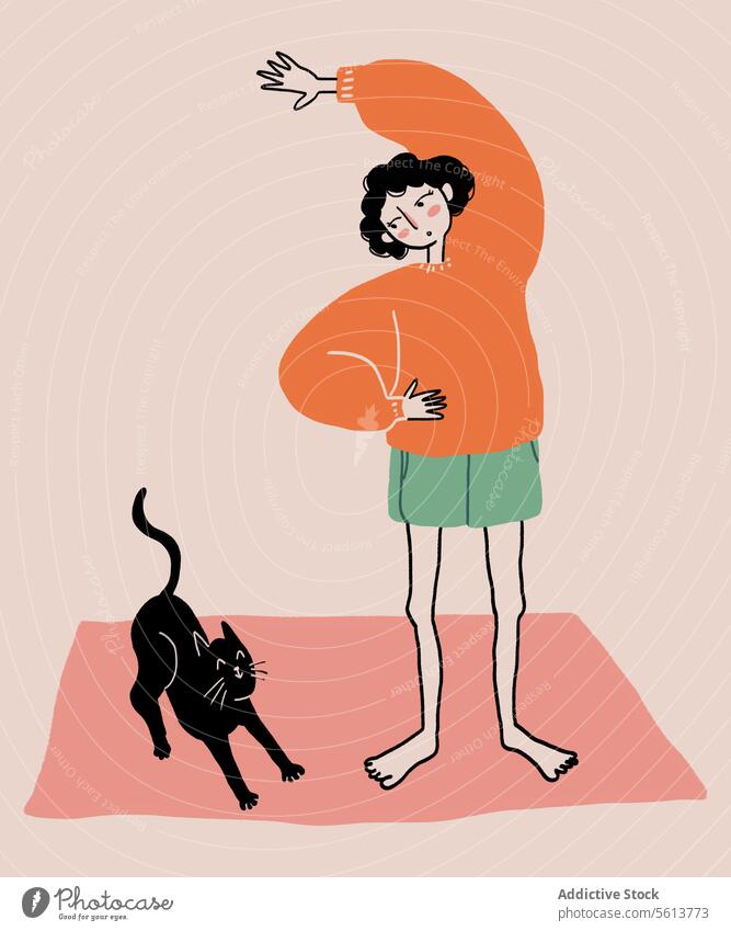 Cartoon Frau macht Übungen mit Katze Karikatur Grafik u. Illustration Aufwärmen Seitenknick Training Dehnung Fitness Hand auf der Taille jung gewelltes Haar