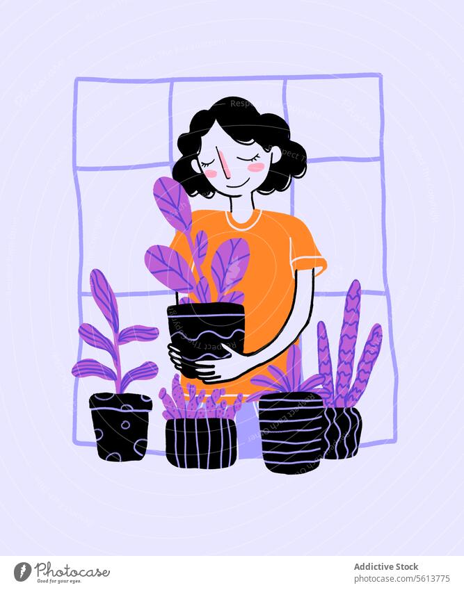 Cartoon-Frau, die sich um Pflanzen kümmert Karikatur Grafik u. Illustration Pflege Routine sinnlich eingetopft Hobby zu Hause Lächeln Glück jung gewelltes Haar