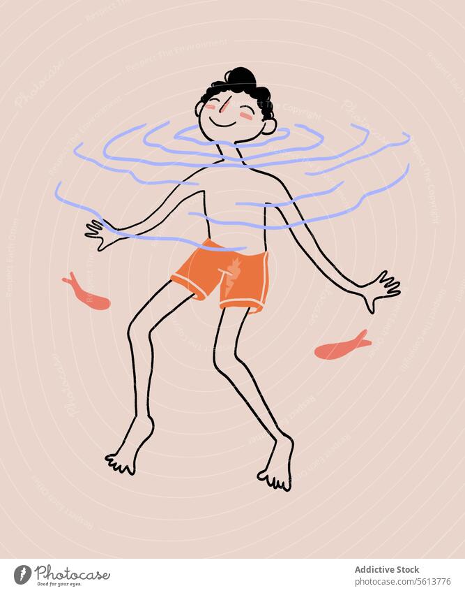 Cartoon Mann schwimmt im Fluss mit Fischen Karikatur Grafik u. Illustration schwimmen Wasser Sommer Aktivität Rüssel Lächeln Glück männlich jung gewelltes Haar