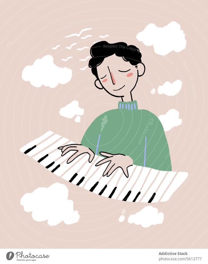 Cartoon Mann spielt Klavier zwischen Wolken Karikatur Grafik u. Illustration Pianist Musik Instrument spielen Synthesizer Cloud Lächeln männlich jung